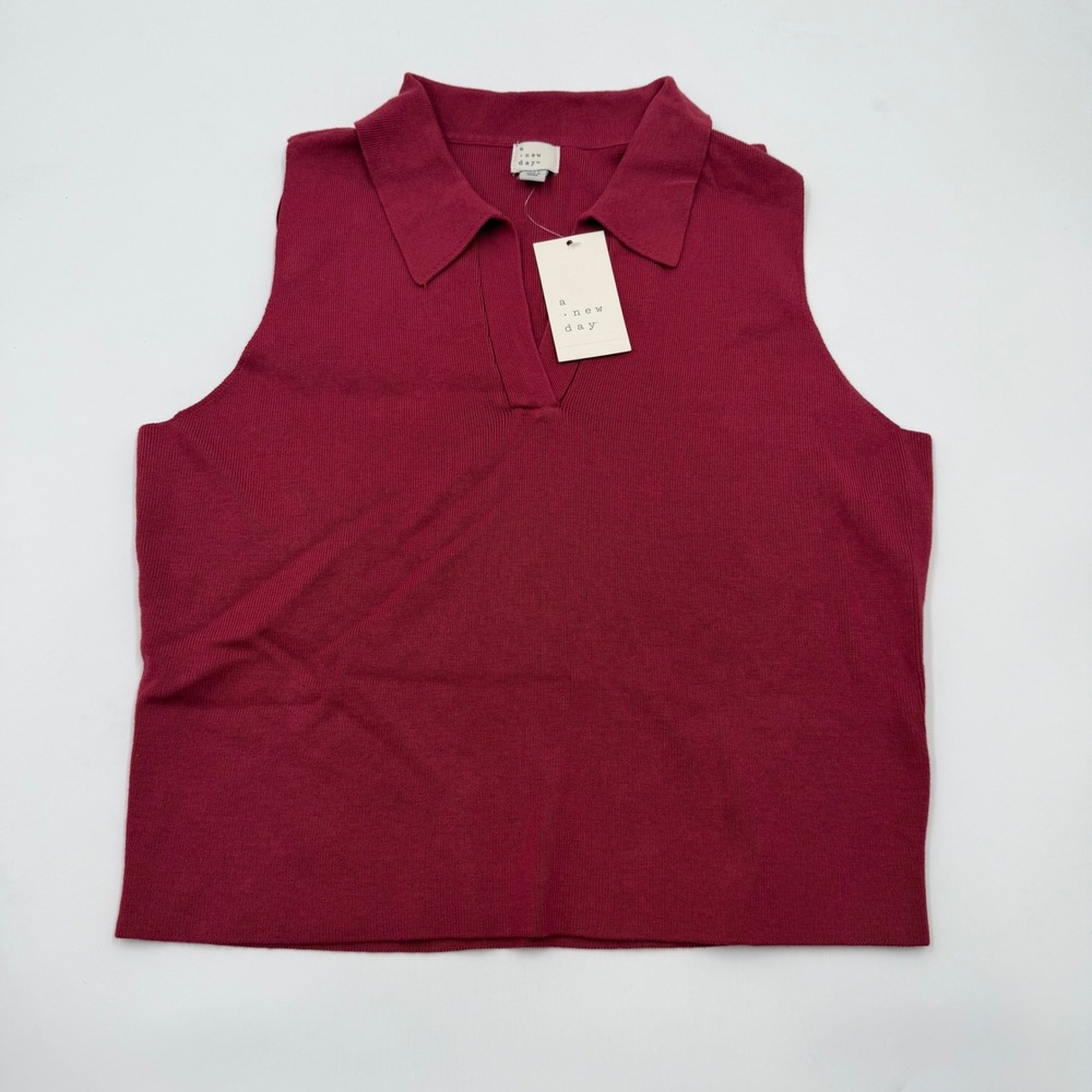 A New Day Womens XXL Burgundy Sleeveless Knit Polo V-Neck Collar Top New